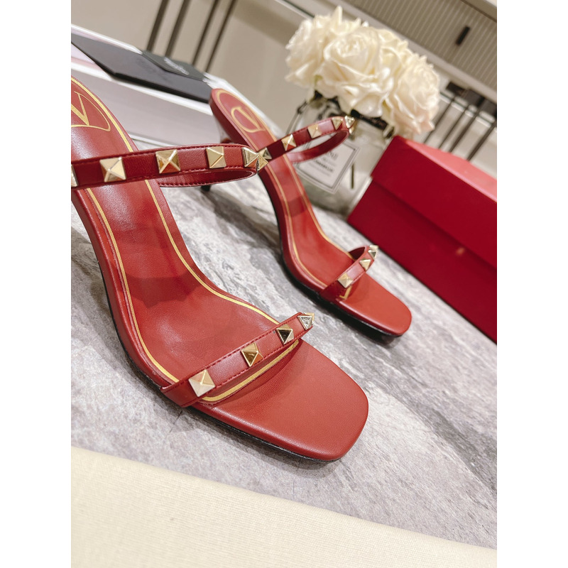 Valentino Garavani 70mm Rockstud 2-Band Slide Sandals Red