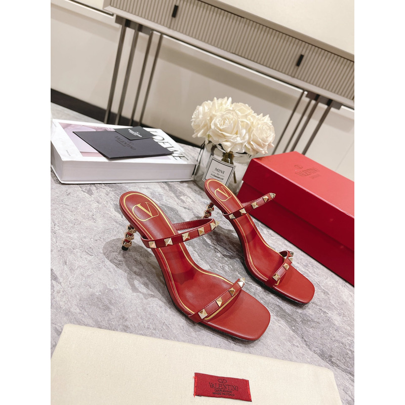 Valentino Garavani 70mm Rockstud 2-Band Slide Sandals Red