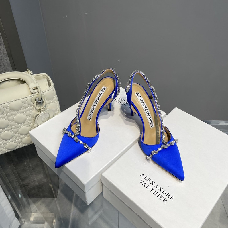 Alexandre Vauthier  Pointed Toe Rhinestone High Heels Stiletto Silk Sandals Blue