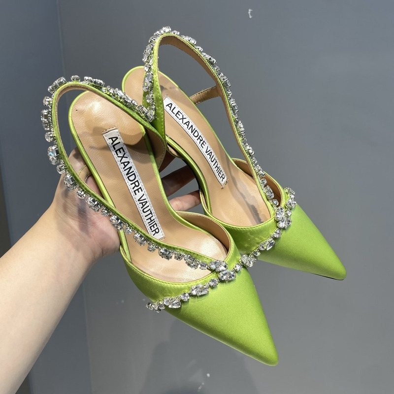 Alexandre Vauthier  Pointed Toe Rhinestone High Heels Stiletto Silk Sandals Green