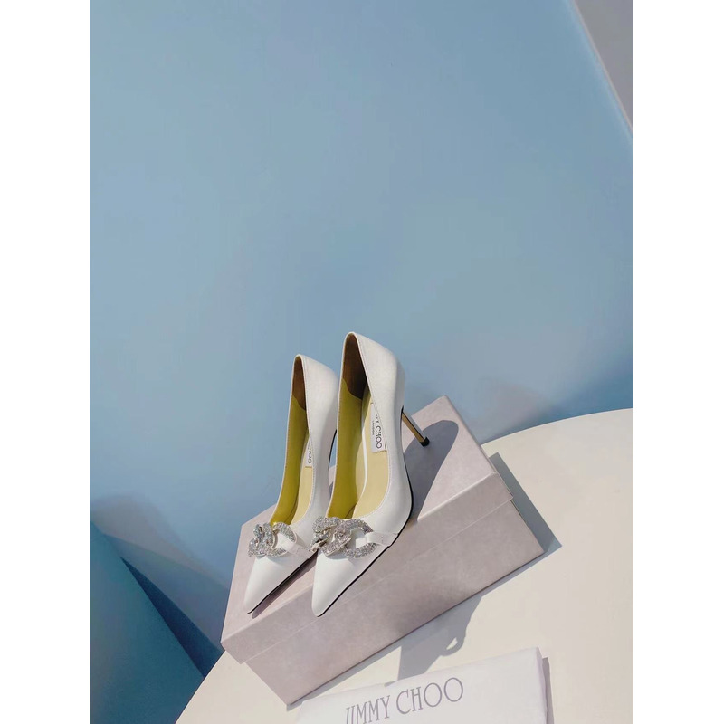 Jimmy Choo Romy 85 Crystal Crown Satin Pumps White