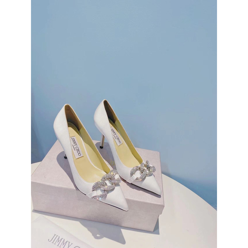 Jimmy Choo Romy 85 Crystal Crown Satin Pumps White