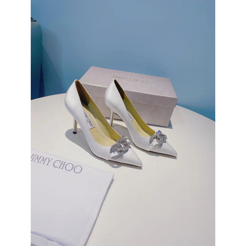 Jimmy Choo Romy 85 Crystal Crown Satin Pumps White