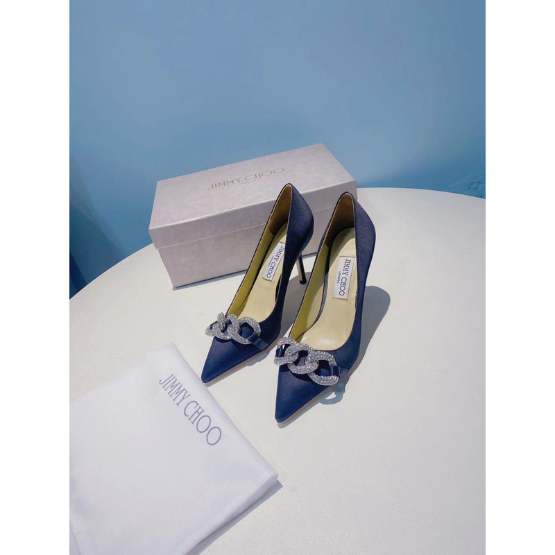 Jimmy Choo Romy 85 Crystal Crown Satin Pumps Navy Blue