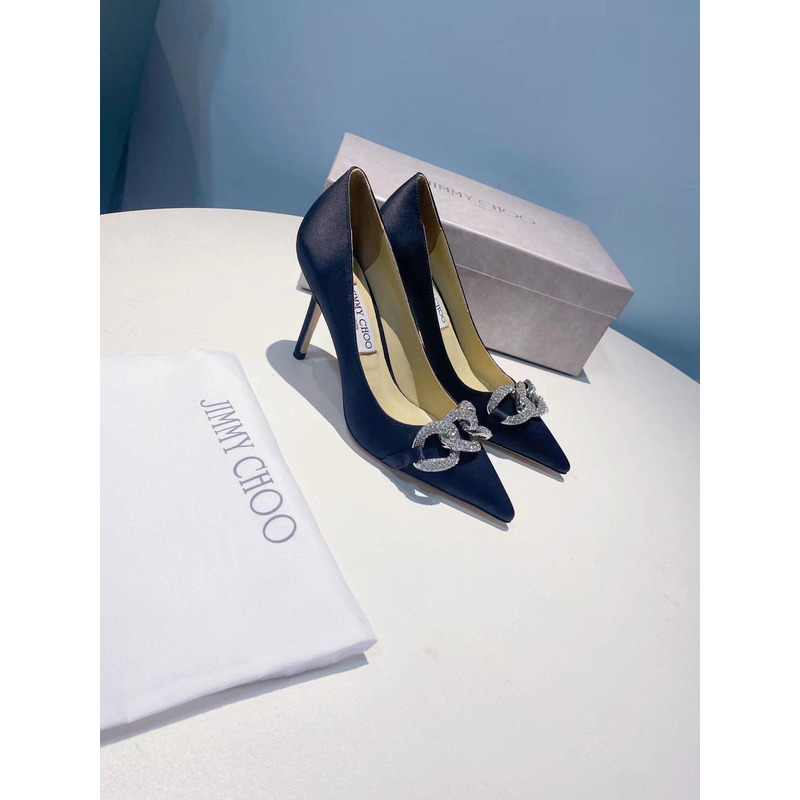 Jimmy Choo Romy 85 Crystal Crown Satin Pumps Navy Blue