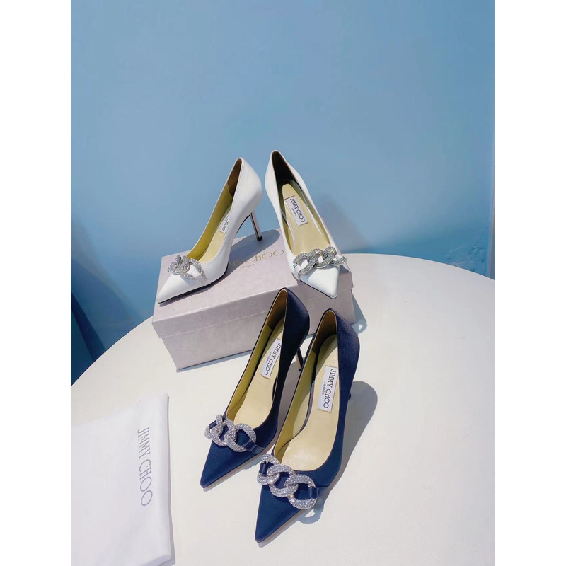 Jimmy Choo Romy 85 Crystal Crown Satin Pumps Navy Blue