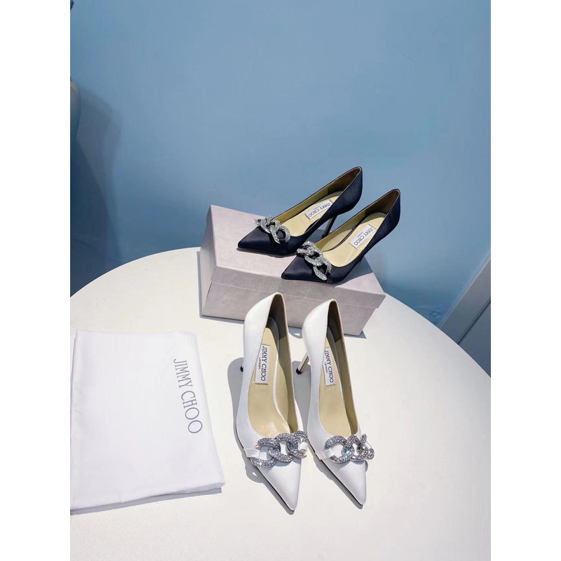 Jimmy Choo Romy 85 Crystal Crown Satin Pumps Navy Blue