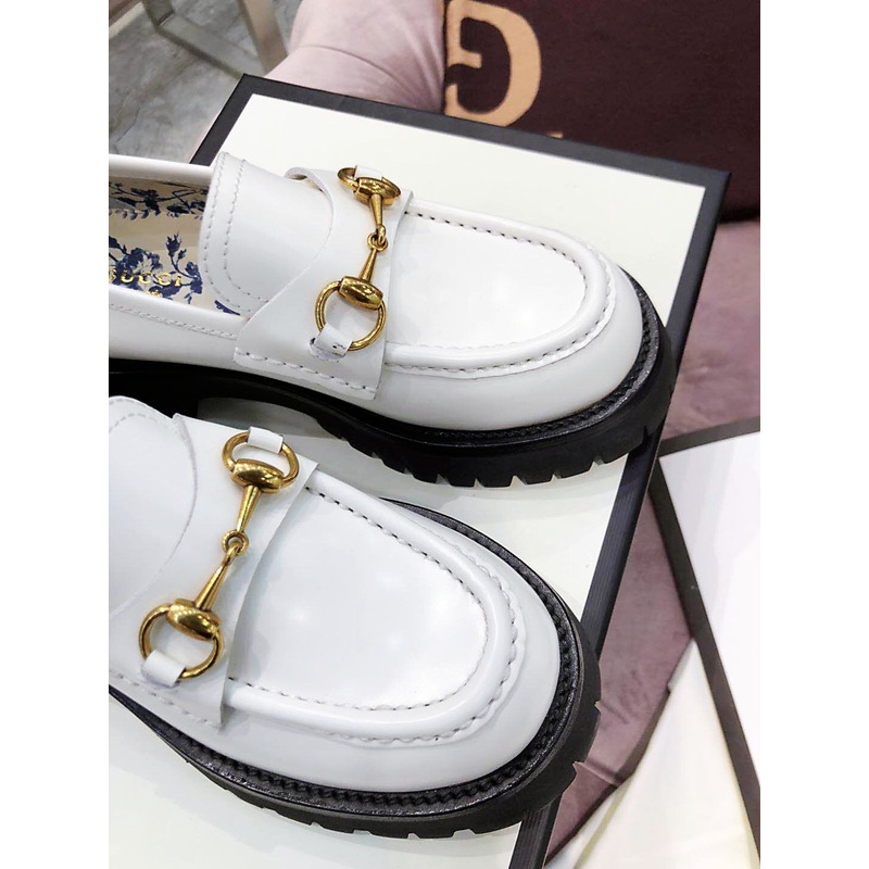 G*u*i leather lug sole horsebit loafer white