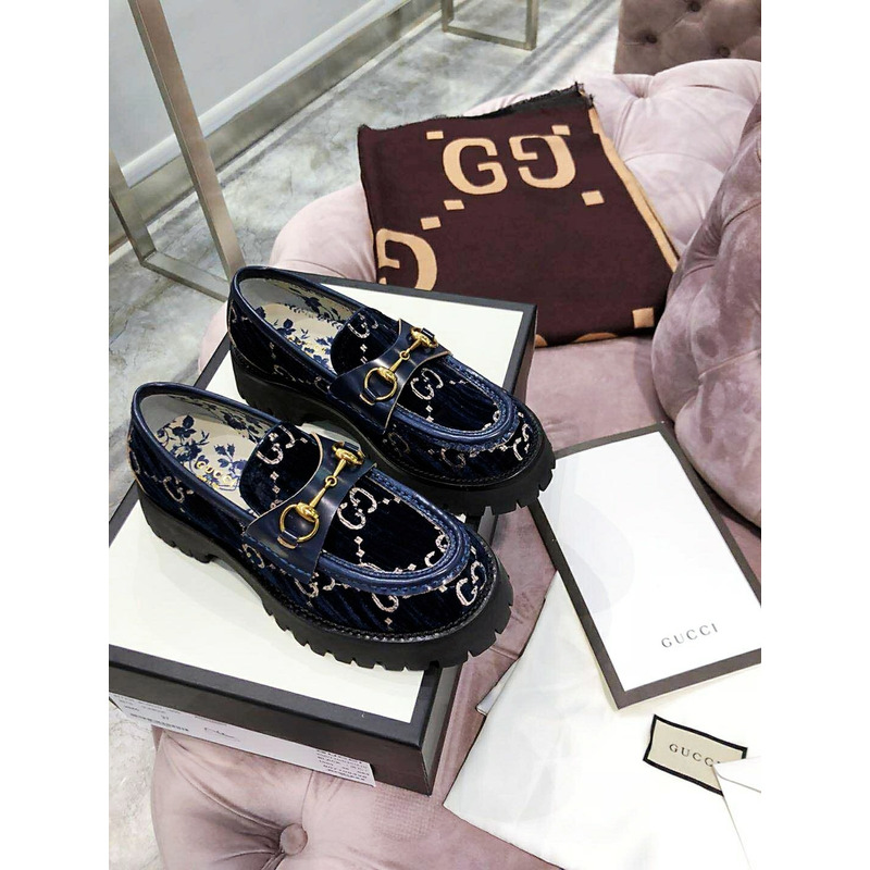 G*u*i ladies platform glitter platform shoes loafers navy blue