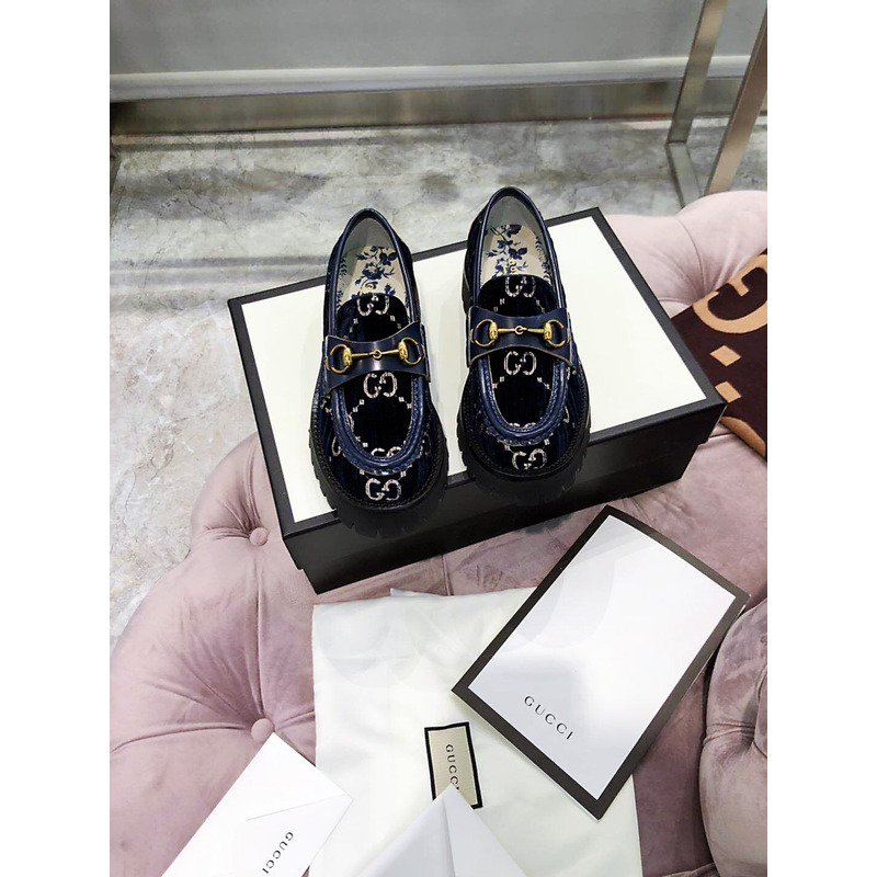 G*u*i ladies platform glitter platform shoes loafers navy blue