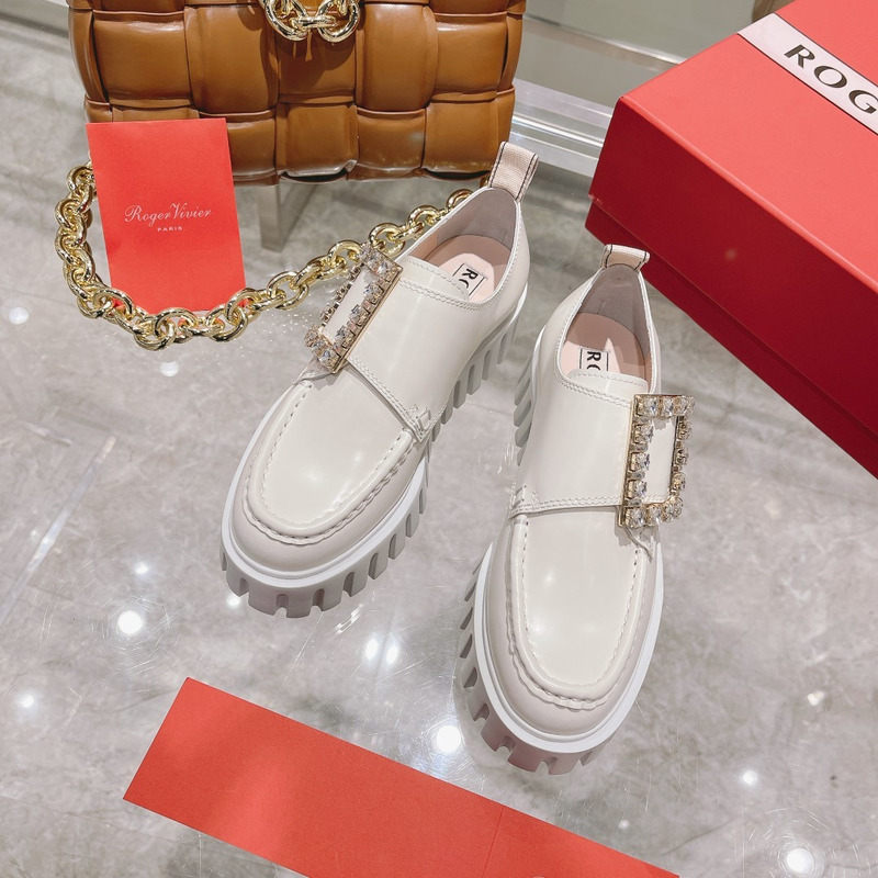 Roger Vivier Go-Thick Strass Buckle Loafers in Patent Leather White