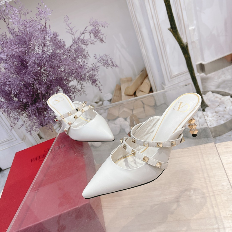 Valentino Garavani Calfskin Pointed-toe Stiletto Studded Roman Mules White