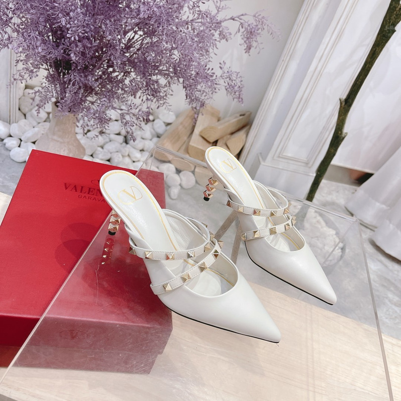 Valentino Garavani Calfskin Pointed-toe Stiletto Studded Roman Mules White