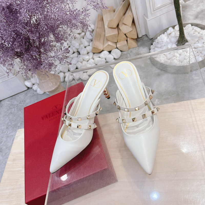 Valentino Garavani Calfskin Pointed-toe Stiletto Studded Roman Mules White