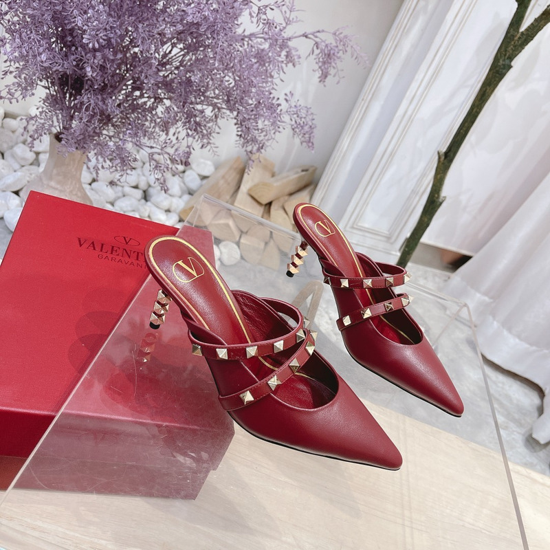 Valentino Garavani Calfskin Pointed-toe Stiletto Studded Roman Mules Burgundy