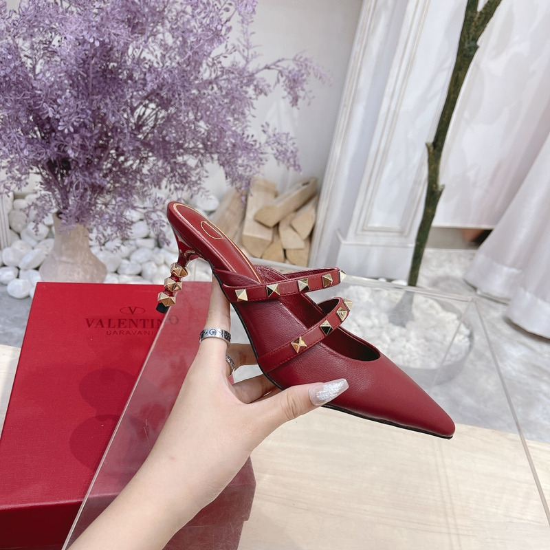 Valentino Garavani Calfskin Pointed-toe Stiletto Studded Roman Mules Burgundy