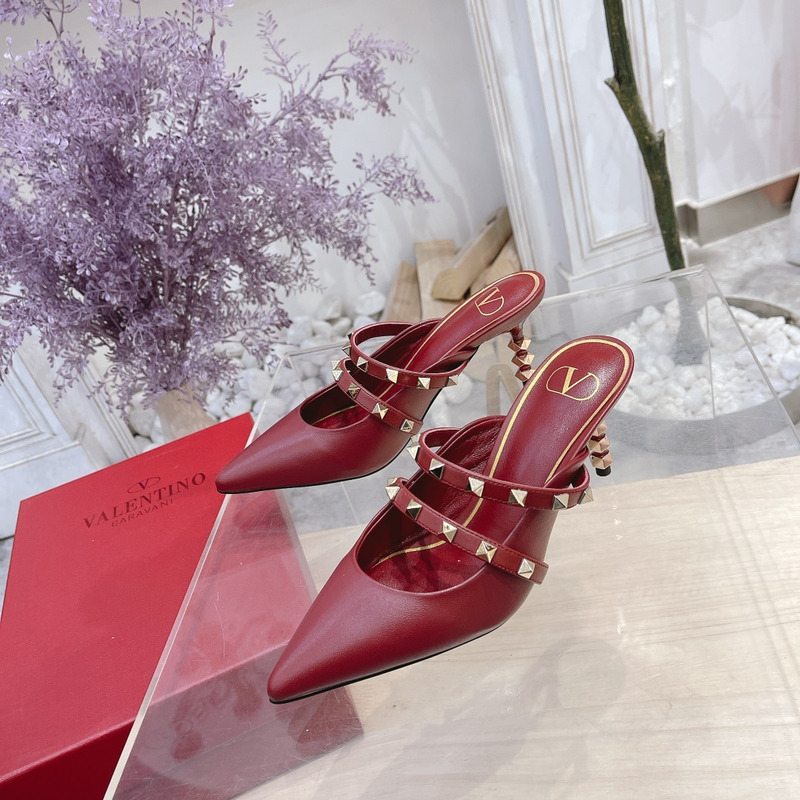 Valentino Garavani Calfskin Pointed-toe Stiletto Studded Roman Mules Burgundy