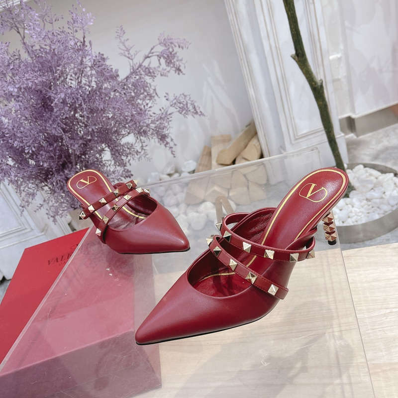 Valentino Garavani Calfskin Pointed-toe Stiletto Studded Roman Mules Burgundy