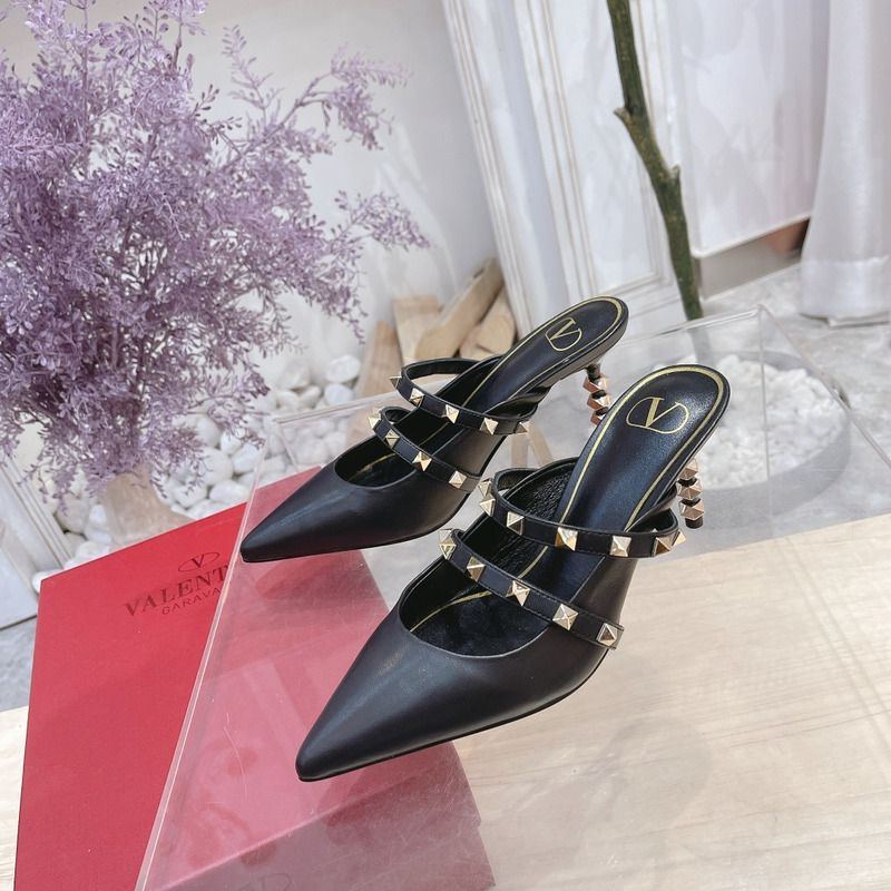 Valentino Garavani Calfskin Pointed-toe Stiletto Studded Roman Mules Black