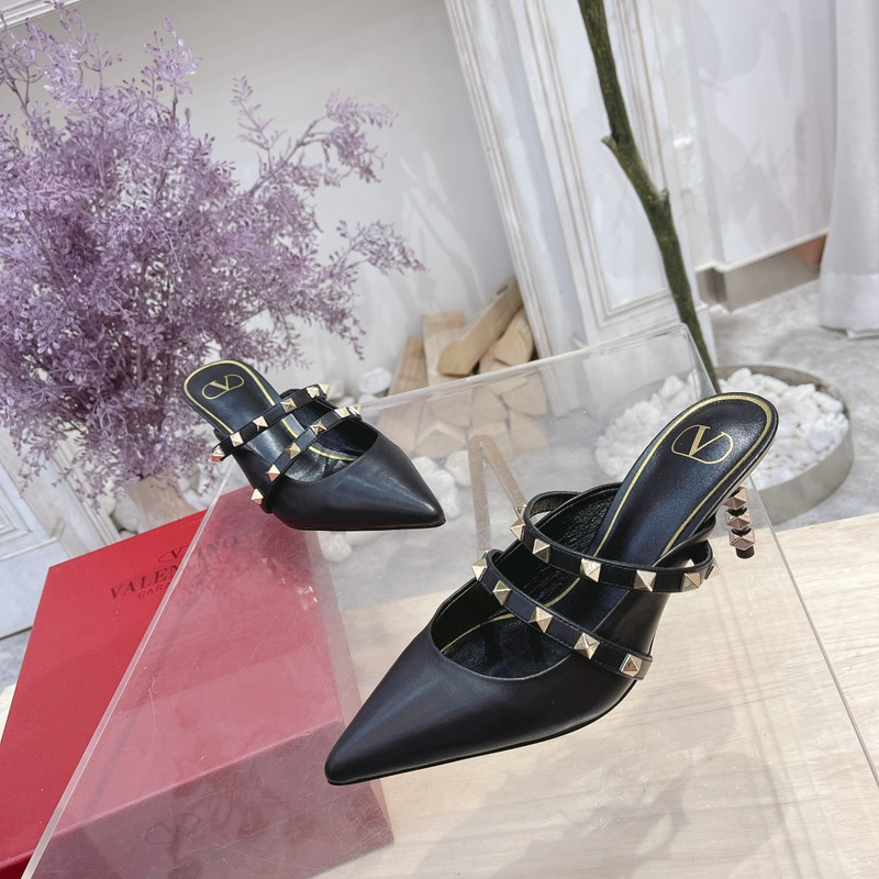 Valentino Garavani Calfskin Pointed-toe Stiletto Studded Roman Mules Black