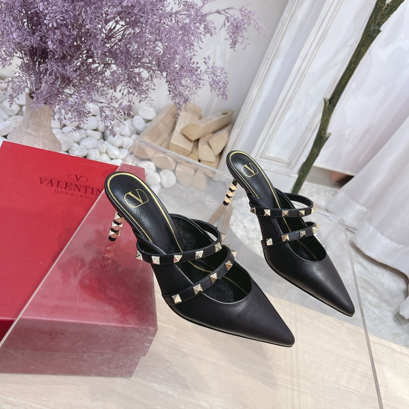 Valentino Garavani Calfskin Pointed-toe Stiletto Studded Roman Mules Black