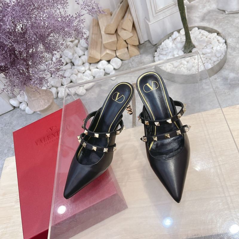 Valentino Garavani Calfskin Pointed-toe Stiletto Studded Roman Mules Black