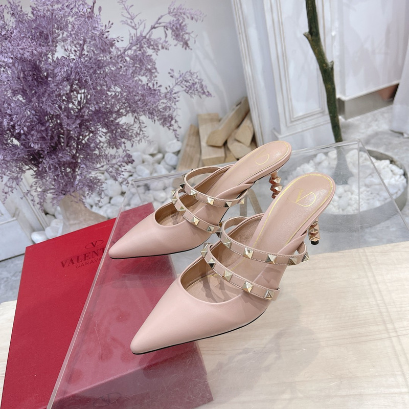 Valentino Garavani Calfskin Pointed-toe Stiletto Studded Roman Mules Pink