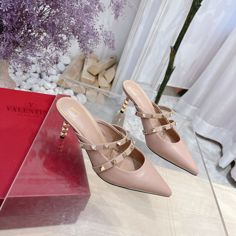 Valentino Garavani Calfskin Pointed-toe Stiletto Studded Roman Mules Pink