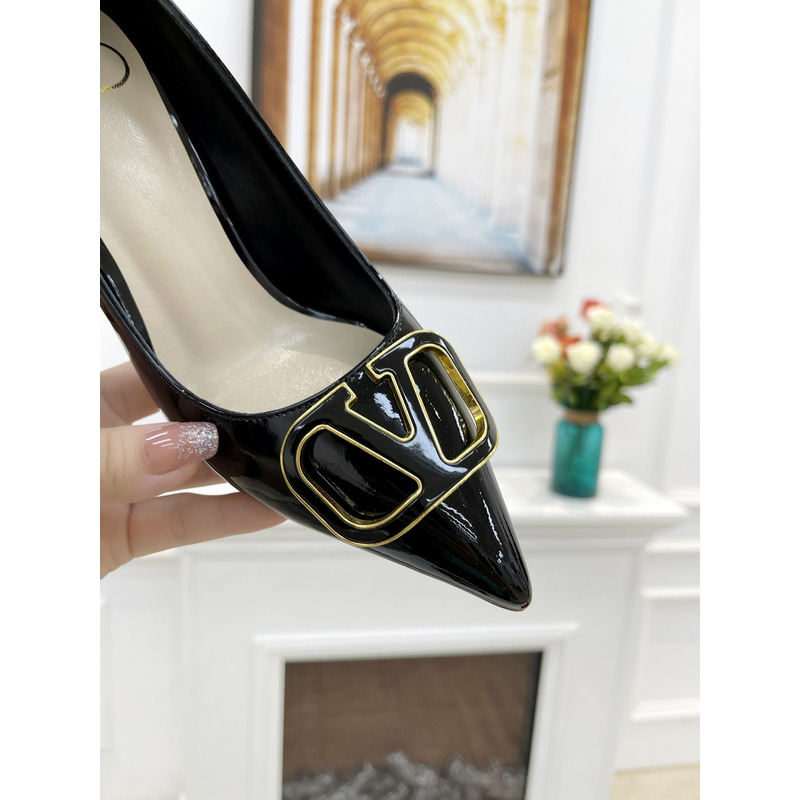 Valentino Ladies Sandals Feminine V Buckle Pointed Toe Medium Heel Stiletto Shoes Black