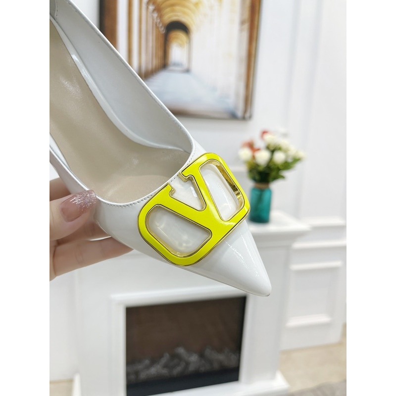 Valentino Ladies Sandals Feminine V Buckle Pointed Toe Medium Heel Stiletto Shoes White