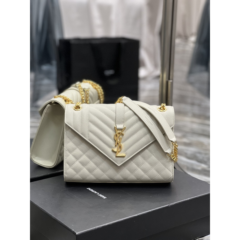 Saint Laurent Grain-embossed Quilted Leather Envelope Bag White