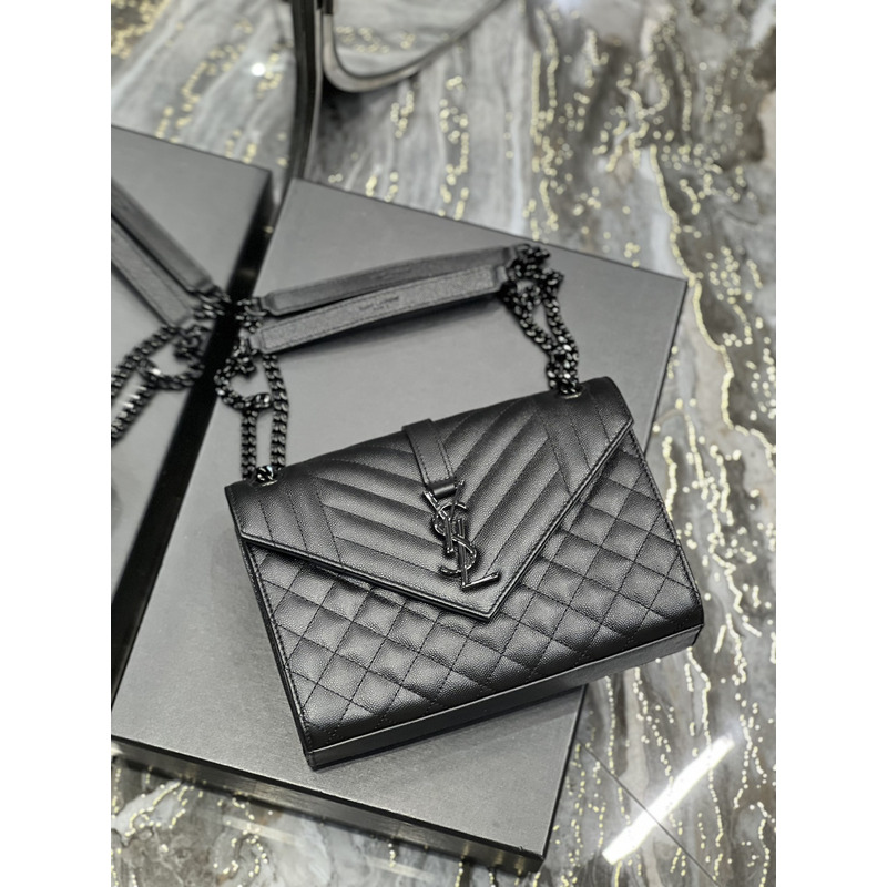 Saint Laurent Grain-embossed Quilted Leather Envelope Bag Black