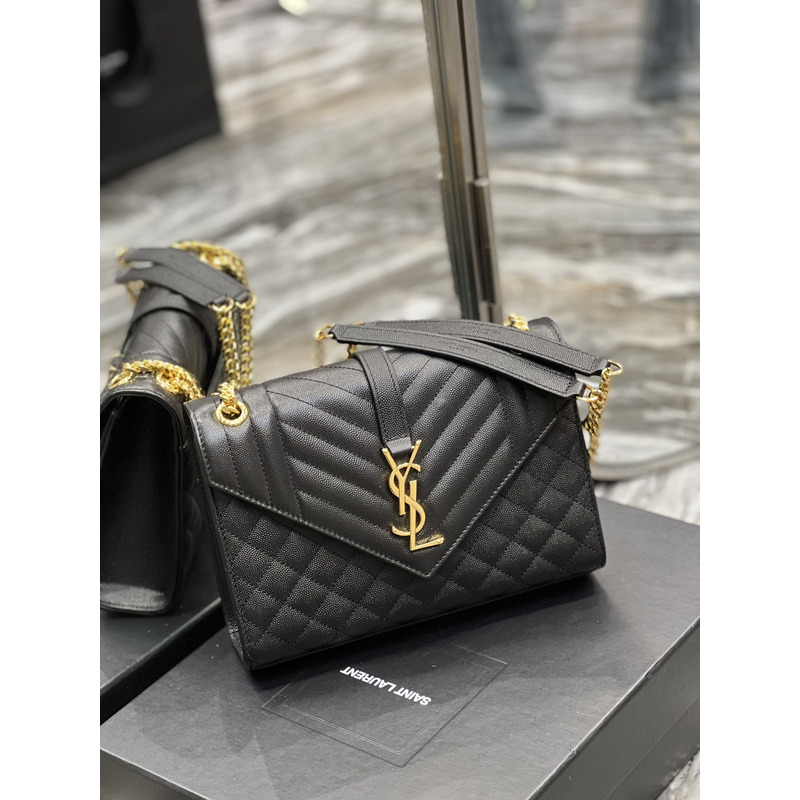 Saint Laurent Grain-embossed Quilted Leather Envelope Bag Black