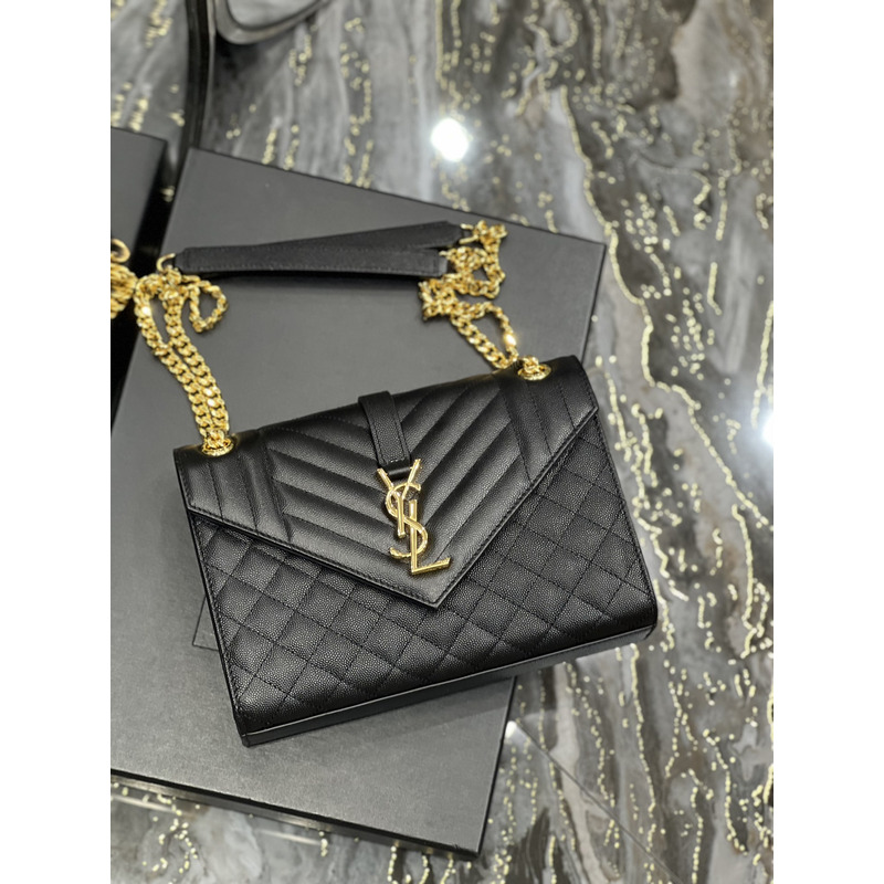 Saint Laurent Grain-embossed Quilted Leather Envelope Bag Black