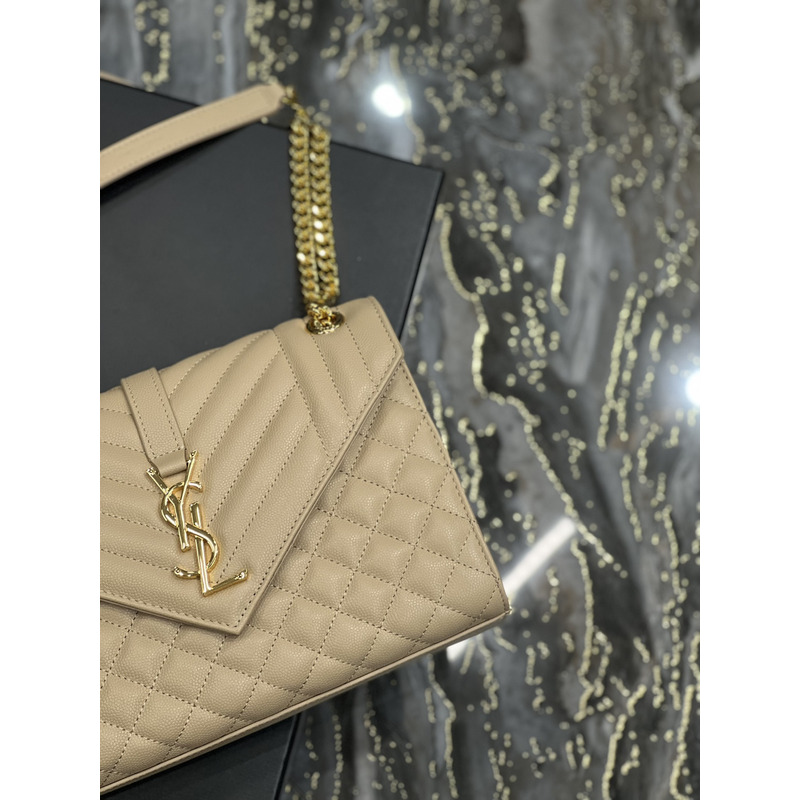 Saint Laurent Grain-embossed Quilted Leather Envelope Bag Apricot