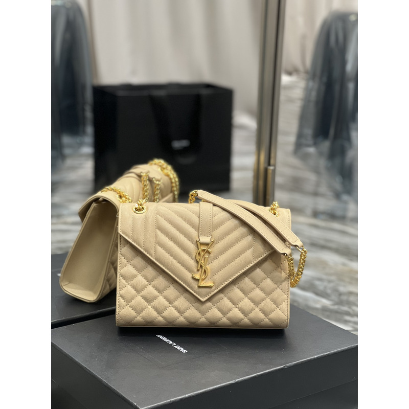 Saint Laurent Grain-embossed Quilted Leather Envelope Bag Apricot