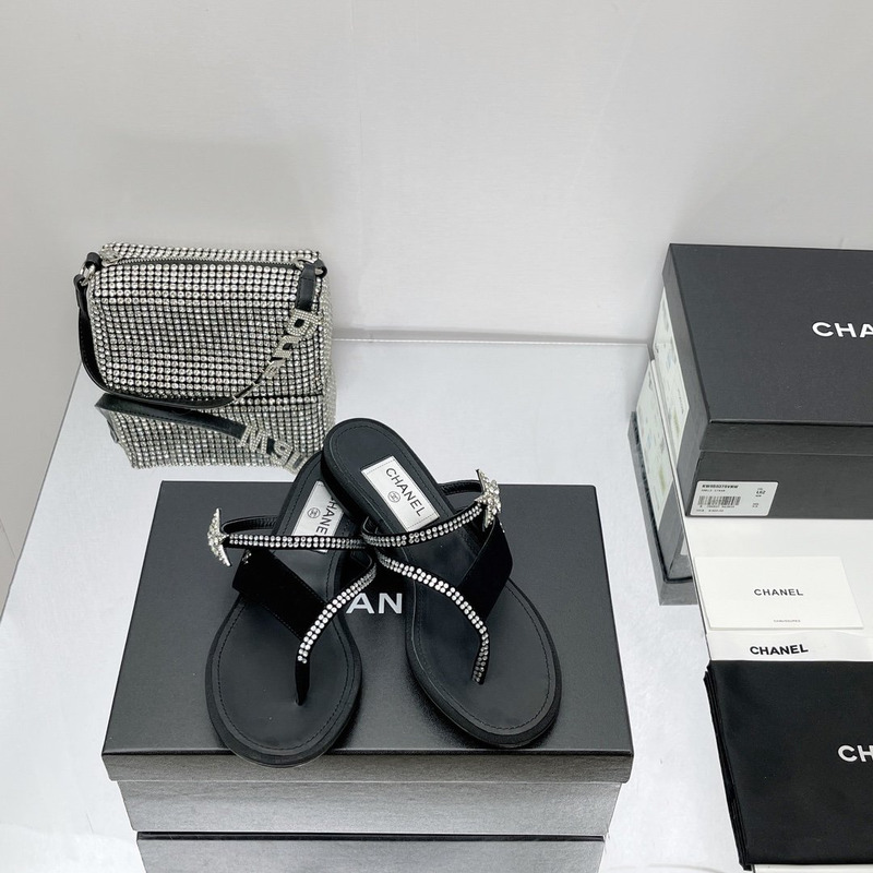 Ch*el suede calfskin & strass slides black