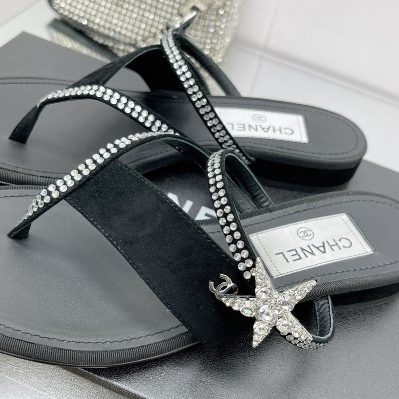 Ch*el suede calfskin & strass slides black