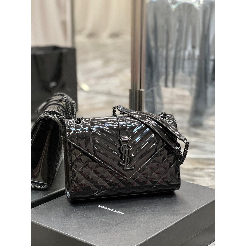 Saint Lauren  Quilted Leather Envelope Bag in Patent Leather Black Black Buckle