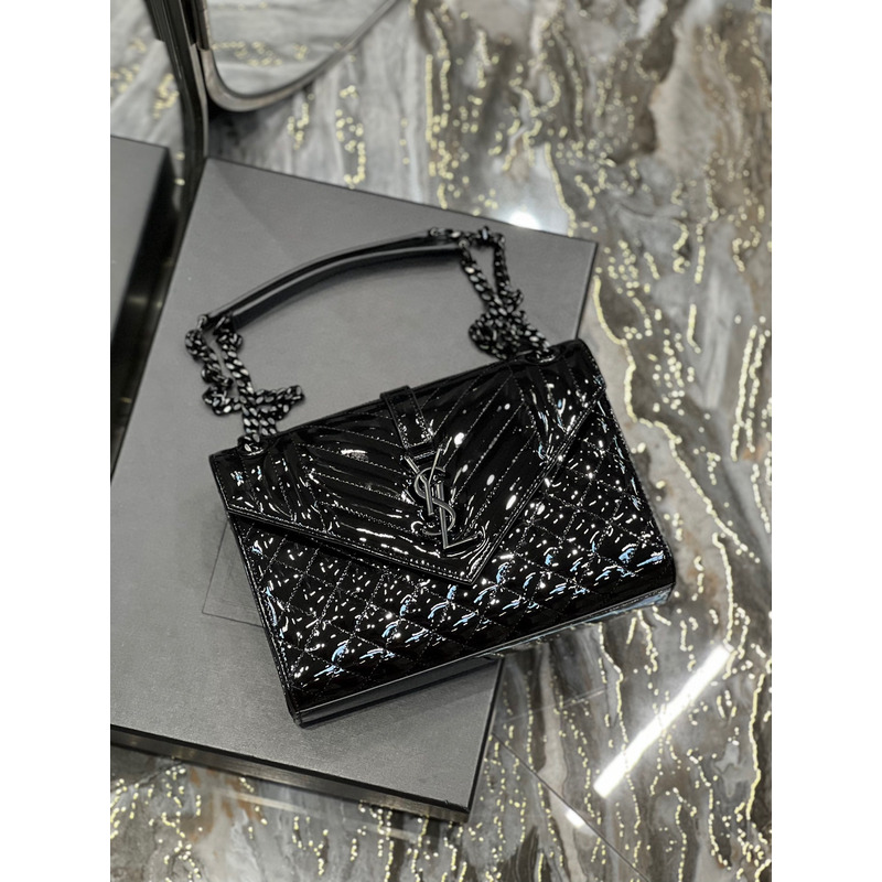 Saint Lauren  Quilted Leather Envelope Bag in Patent Leather Black Black Buckle