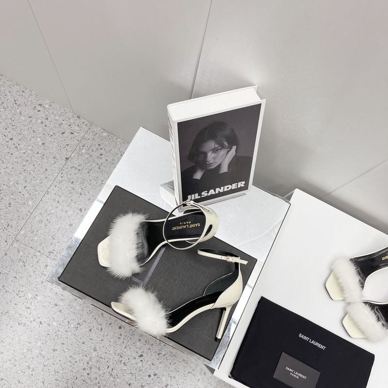 Saint Laurent Mink Fur-Trimmed Leather Sandals White