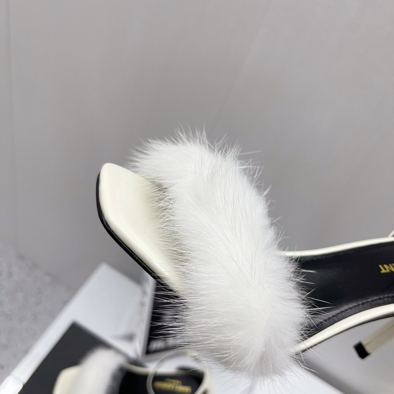 Saint Laurent Mink Fur-Trimmed Leather Sandals White