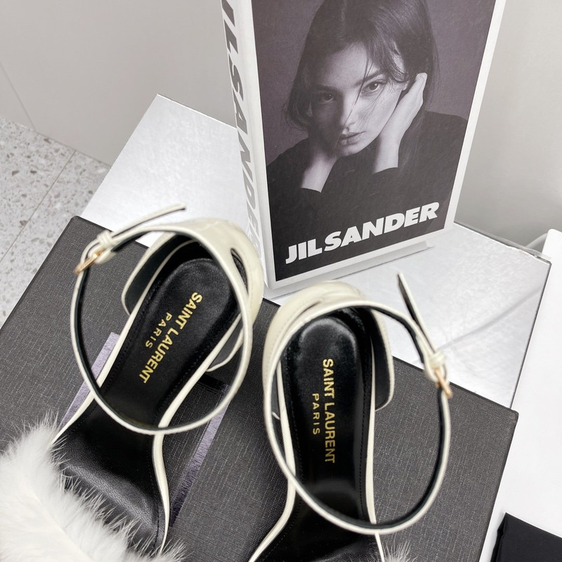 Saint Laurent Mink Fur-Trimmed Leather Sandals White