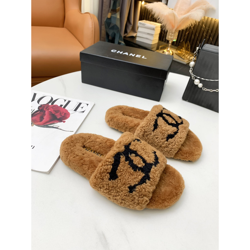 Ch*el fur all-in-one slippers brown