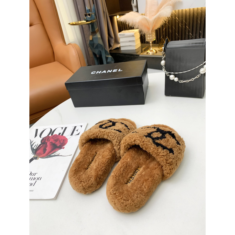 Ch*el fur all-in-one slippers brown