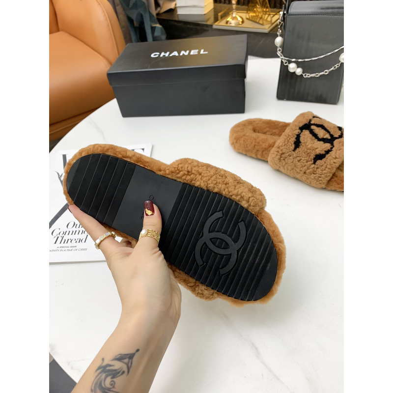 Ch*el fur all-in-one slippers brown