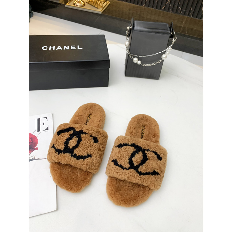 Ch*el fur all-in-one slippers brown