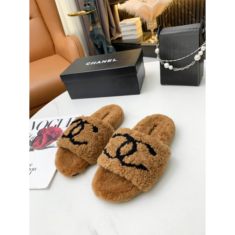 Ch*el fur all-in-one slippers brown