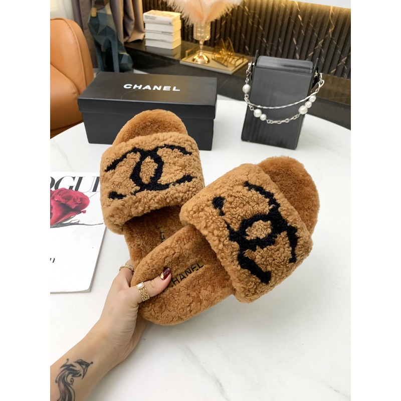 Ch*el fur all-in-one slippers brown