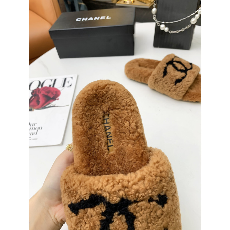 Ch*el fur all-in-one slippers brown